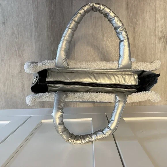 PAJAR Canada Metallic Silver Puffer Tote Bag Faux Shearling Trim Quilted Handbag - Picture 8 of 16